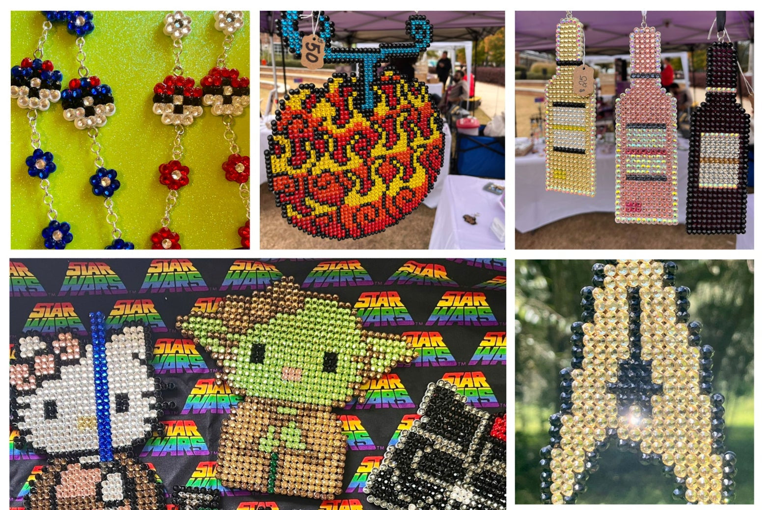 Collage of various beaded art pieces including jewelry, sculptures, and patterns.